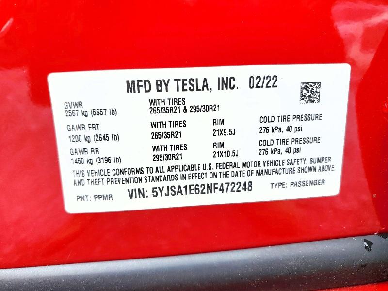 Aukcja sprzedaży 2022 Tesla Model S, vin: 5YJSA1E62NF472248, numer aukcji: 60572006