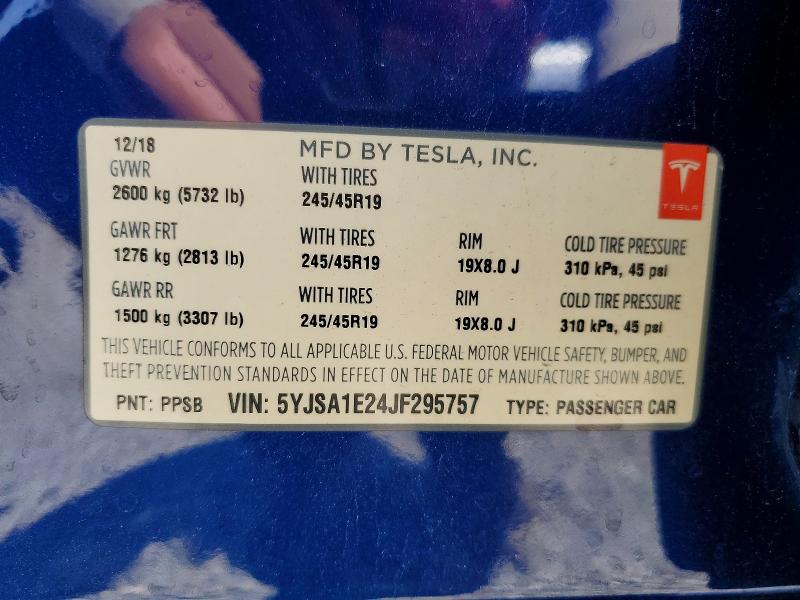 62250906 :رقم المزاد ، 5YJSA1E24JF295757 vin ، 2018 Tesla Model S مزاد بيع