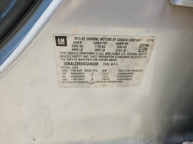 2016 Chevrolet Equinox მანქანა იყიდება აუქციონზე, vin: 2GNALCEK5G6246008, აუქციონის ნომერი: 62759066