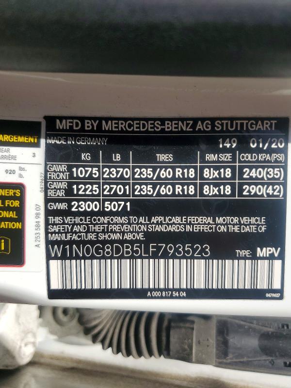 2020 Mercedes-benz Glc მანქანა იყიდება აუქციონზე, vin: W1N0G8DB5LF793523, აუქციონის ნომერი: 60596256