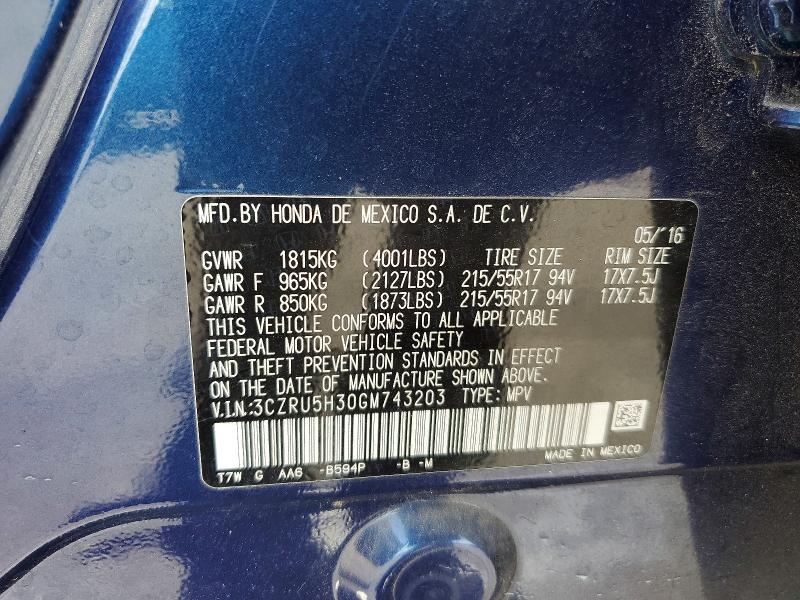 59691196 :رقم المزاد ، 3CZRU5H30GM743203 vin ، 2016 Honda Hr-v مزاد بيع