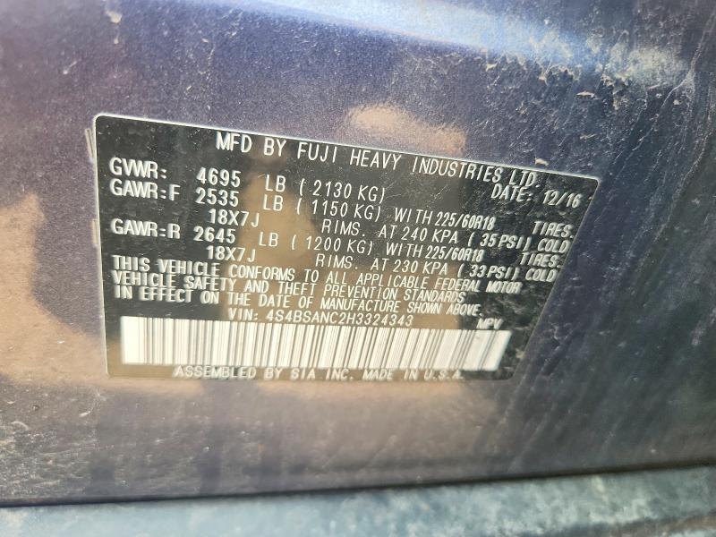 2017 Subaru Outback მანქანა იყიდება აუქციონზე, vin: 4S4BSANC2H3324343, აუქციონის ნომერი: 61072236