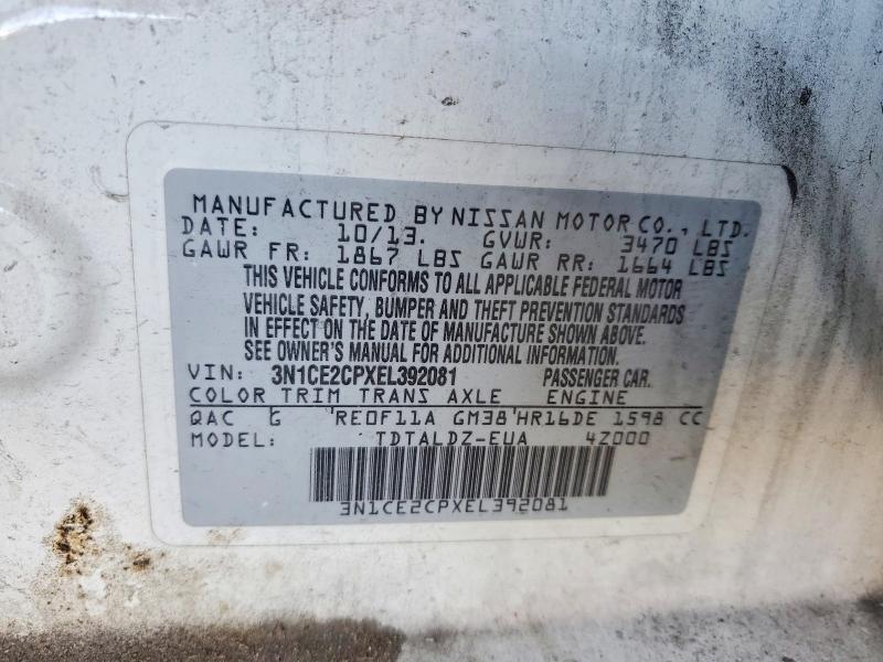 2014 Nissan Versa Note მანქანა იყიდება აუქციონზე, vin: 3N1CE2CPXEL392081, აუქციონის ნომერი: 62501766