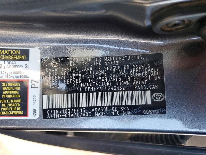 Aukcja sprzedaży 2014 Toyota Camry, vin: 4T1BF1FK1EU345152, numer aukcji: 60704506