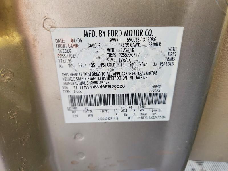 60480966 :رقم المزاد ، 1FTRW14W46FB36020 vin ، 2006 Ford F150 مزاد بيع