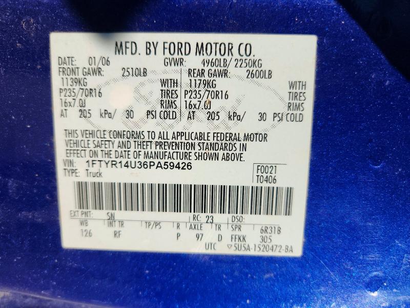 Продаж на аукціоні авто 2006 Ford Ranger, vin: 1FTYR14U36PA59426, номер лоту: 62333246