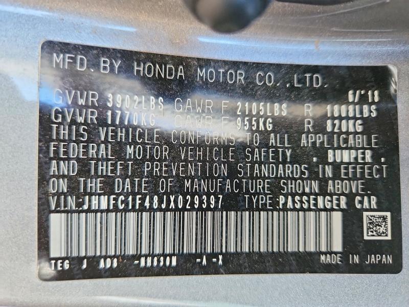 Продаж на аукціоні авто 2018 Honda Civic, vin: JHMFC1F48JX029397, номер лоту: 62505506