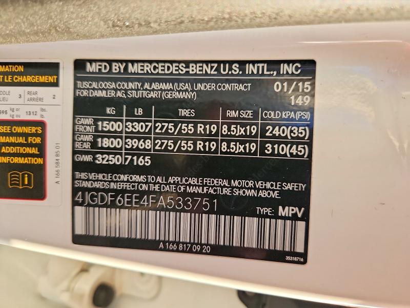 59534956 :رقم المزاد ، 4JGDF6EE4FA533751 vin ، 2015 Mercedes-benz Gl مزاد بيع