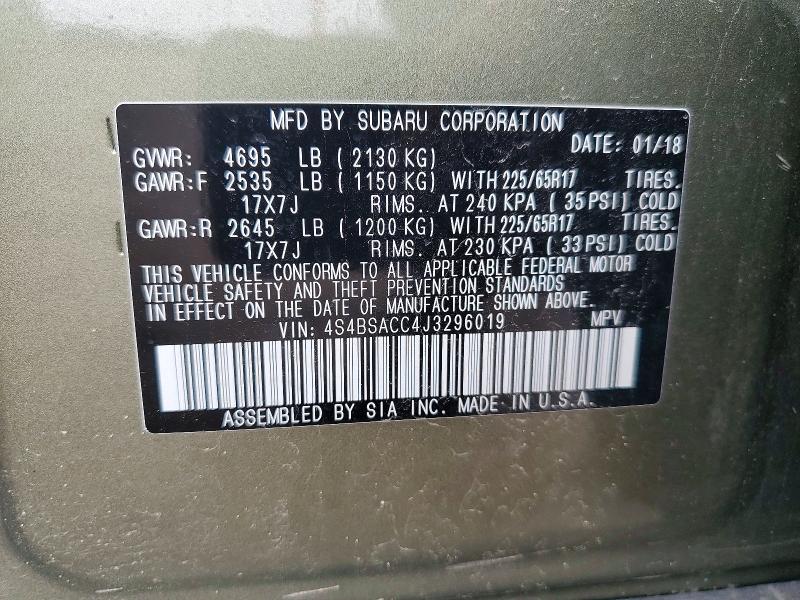 Продаж на аукціоні авто 2018 Subaru Outback, vin: 4S4BSACC4J3296019, номер лоту: 61519656