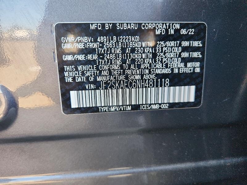 60596246 :رقم المزاد ، JF2SKAEC6NH481118 vin ، 2022 Subaru Forester مزاد بيع
