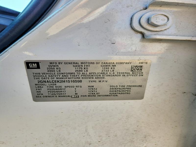 63016996 :رقم المزاد ، 2GNALCEK2H1516598 vin ، 2017 Chevrolet Equinox مزاد بيع