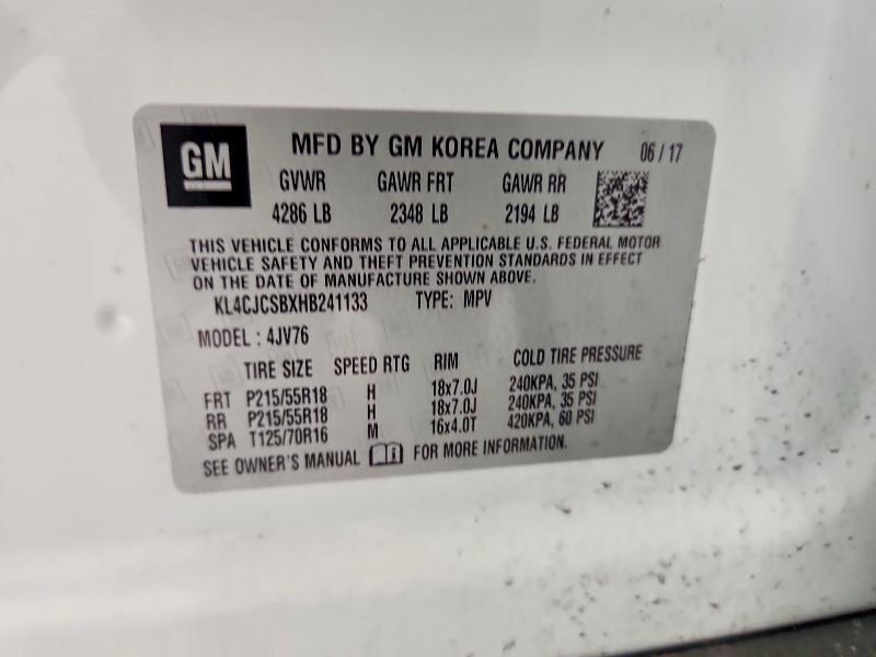 2017 Buick Encore მანქანა იყიდება აუქციონზე, vin: KL4CJCSBXHB241133, აუქციონის ნომერი: 59861136