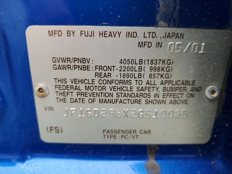 60922256 :رقم المزاد ، JF1GD296X2G510085 vin ، 2002 Subaru Impreza مزاد بيع
