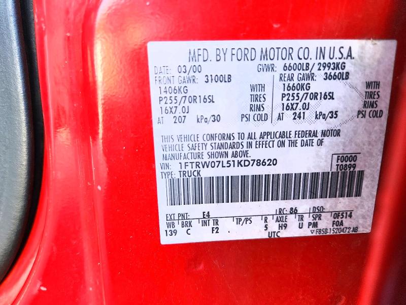 2001 Ford F-150 მანქანა იყიდება აუქციონზე, vin: 1FTRW07L51KD78620, აუქციონის ნომერი: 59652416