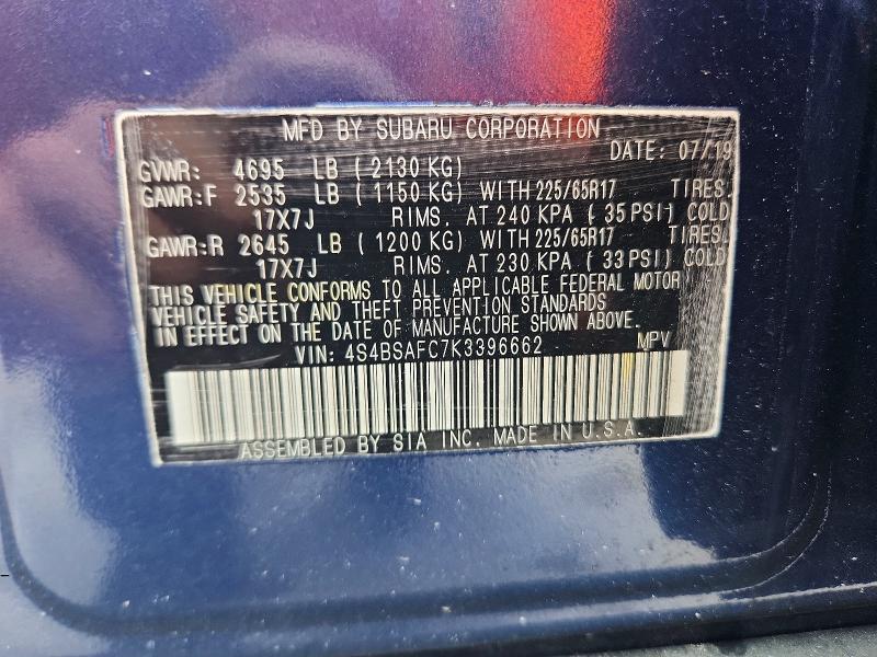Продажа на аукционе авто 2019 Subaru Outback, vin: 4S4BSAFC7K3396662, номер лота: 60672686