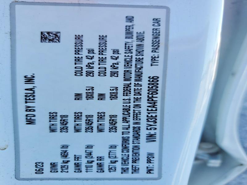 2023 Tesla Model 3 მანქანა იყიდება აუქციონზე, vin: 5YJ3E1EA4PF605866, აუქციონის ნომერი: 63243296