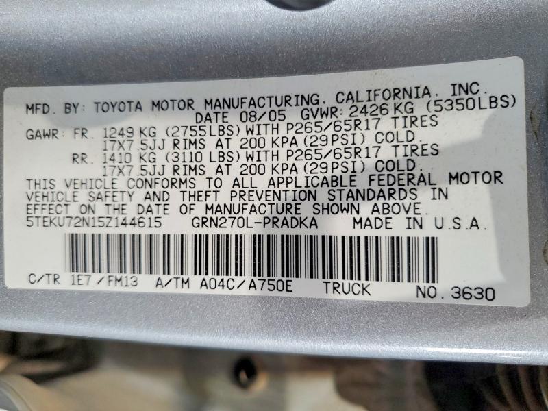 60988456 :رقم المزاد ، 5TEKU72N15Z144615 vin ، 2005 Toyota Tacoma مزاد بيع