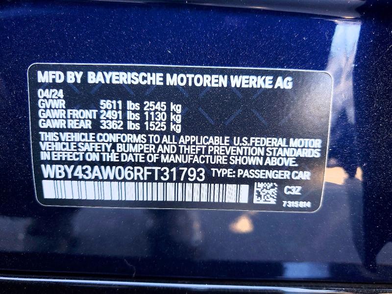 2024 Bmw I4 მანქანა იყიდება აუქციონზე, vin: WBY43AW06RFT31793, აუქციონის ნომერი: 58095306