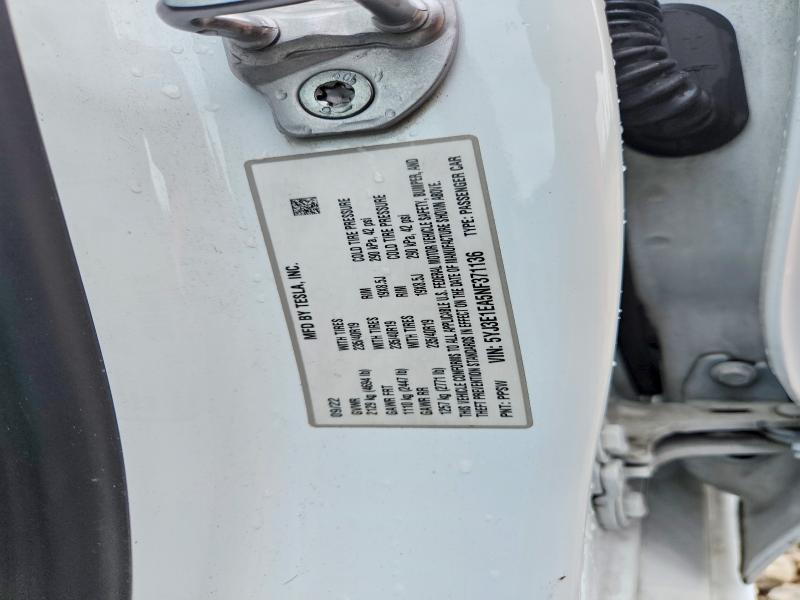 2022 Tesla Model 3 მანქანა იყიდება აუქციონზე, vin: 5YJ3E1EA5NF371136, აუქციონის ნომერი: 60517506