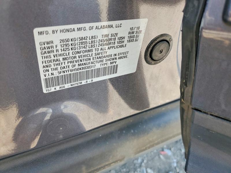 2019 Honda Pilot მანქანა იყიდება აუქციონზე, vin: 5FNYF6H50KB030317, აუქციონის ნომერი: 61311596