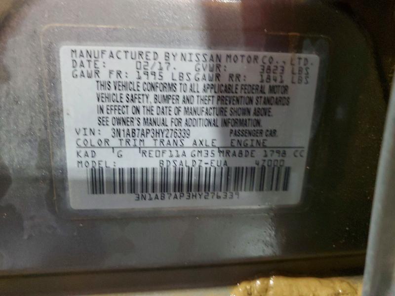 2017 Nissan Sentra მანქანა იყიდება აუქციონზე, vin: 3N1AB7AP3HY276339, აუქციონის ნომერი: 61160186