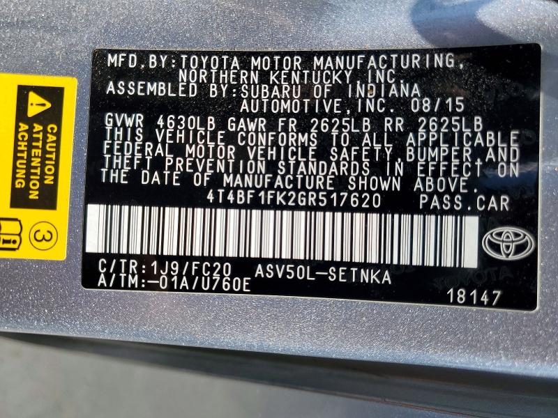 Продажа на аукционе авто 2016 Toyota Camry, vin: 4T4BF1FK2GR517620, номер лота: 59843656