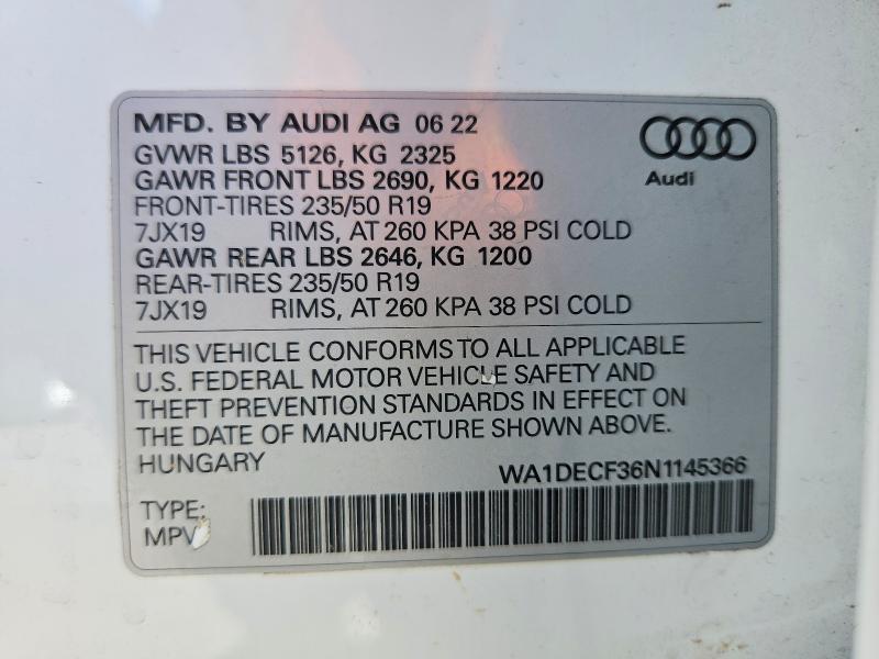 2022 Audi Q3 მანქანა იყიდება აუქციონზე, vin: WA1DECF36N1145366, აუქციონის ნომერი: 62273806