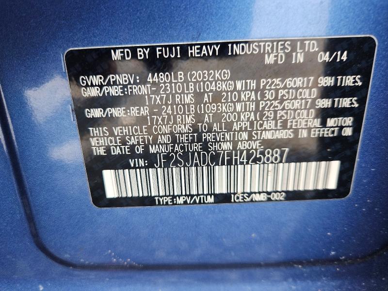 Продаж на аукціоні авто 2015 Subaru Forester, vin: JF2SJADC7FH425887, номер лоту: 59878116