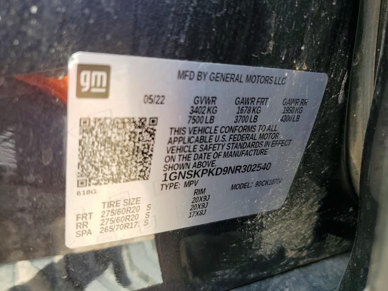 62292096 :رقم المزاد ، 1GNSKPKD9NR302540 vin ، 2022 Chevrolet Tahoe مزاد بيع