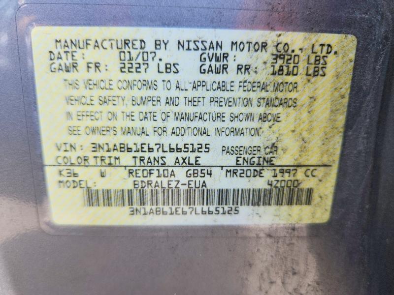 Aukcja sprzedaży 2007 Nissan Sentra, vin: 3N1AB61E67L665125, numer aukcji: 85981465