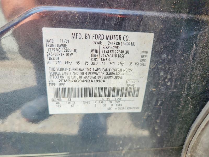 61364076 :رقم المزاد ، 2FMPK4G94NBA18104 vin ، 2022 Ford Edge مزاد بيع