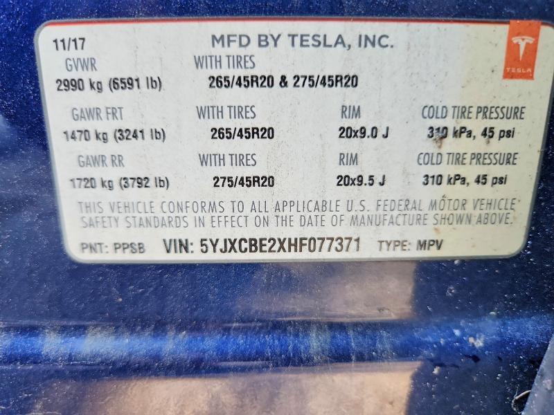 Aukcja sprzedaży 2017 Tesla Model X, vin: 5YJXCBE2XHF077371, numer aukcji: 61357976
