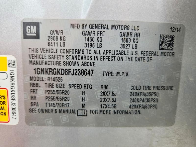 Продажа на аукционе авто 2015 Chevrolet Traverse, vin: 1GNKRGKD8FJ238647, номер лота: 62635346