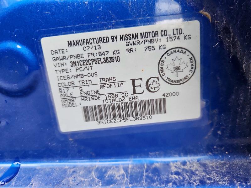 2014 Nissan Versa Note მანქანა იყიდება აუქციონზე, vin: 3N1CE2CP5EL363510, აუქციონის ნომერი: 61874136