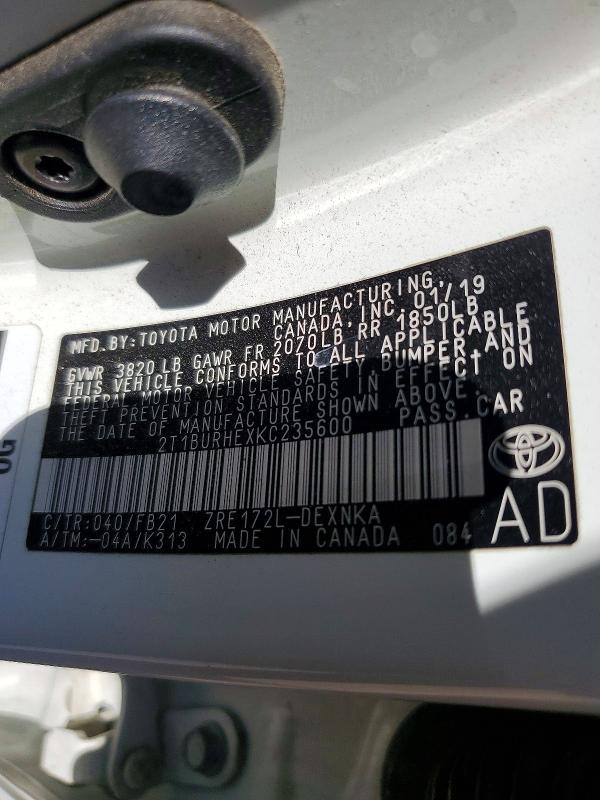 63379446 :رقم المزاد ، 2T1BURHEXKC235600 vin ، 2019 Toyota Corolla مزاد بيع