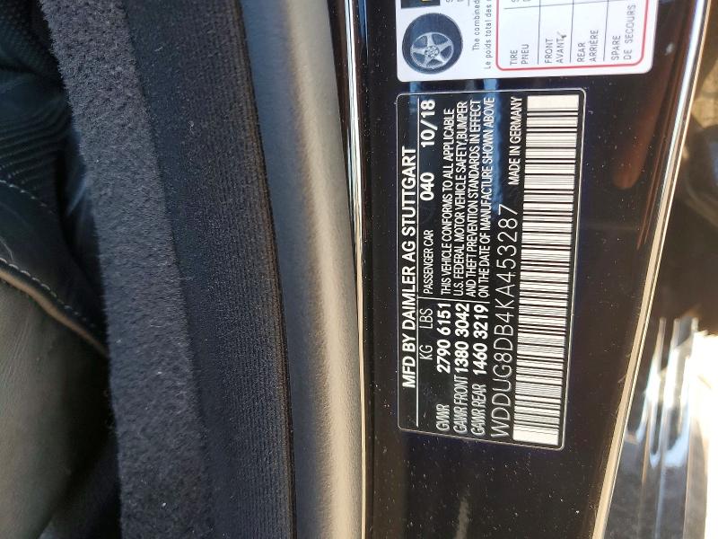 61429706 :رقم المزاد ، WDDUG8DB4KA453287 vin ، 2019 Mercedes-benz S مزاد بيع