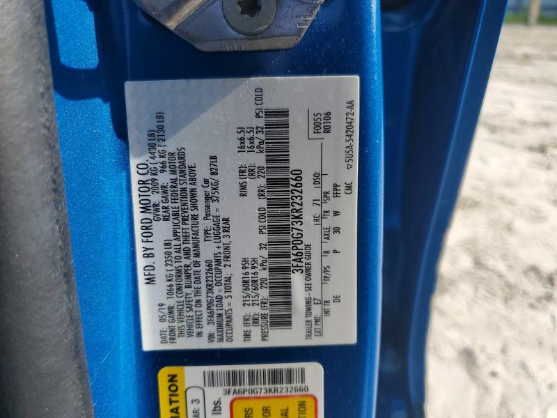 Продаж на аукціоні авто 2019 Ford Fusion, vin: 3FA6P0G73KR232660, номер лоту: 60490116