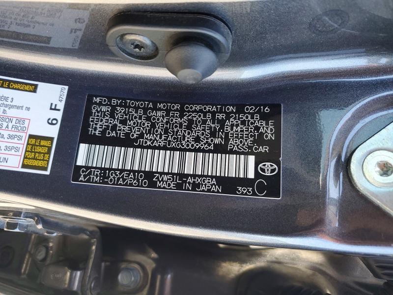 2016 Toyota Prius მანქანა იყიდება აუქციონზე, vin: JTDKARFUXG3009964, აუქციონის ნომერი: 60324236
