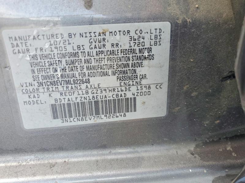 60579536 :رقم المزاد ، 3N1CN8EV7ML922648 vin ، 2021 Nissan Versa مزاد بيع