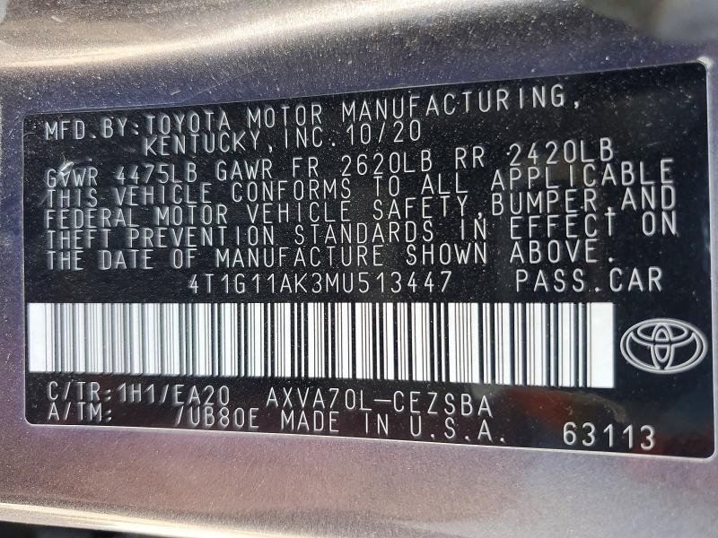 2021 Toyota Camry მანქანა იყიდება აუქციონზე, vin: 4T1G11AK3MU513447, აუქციონის ნომერი: 60682406