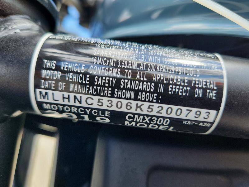 Aukcja sprzedaży 2019 Honda Cmx300, vin: MLHNC5306K5200793, numer aukcji: 60509556