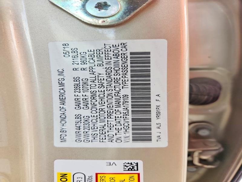 2018 Honda Accord მანქანა იყიდება აუქციონზე, vin: 1HGCV1F95JA179109, აუქციონის ნომერი: 61844356