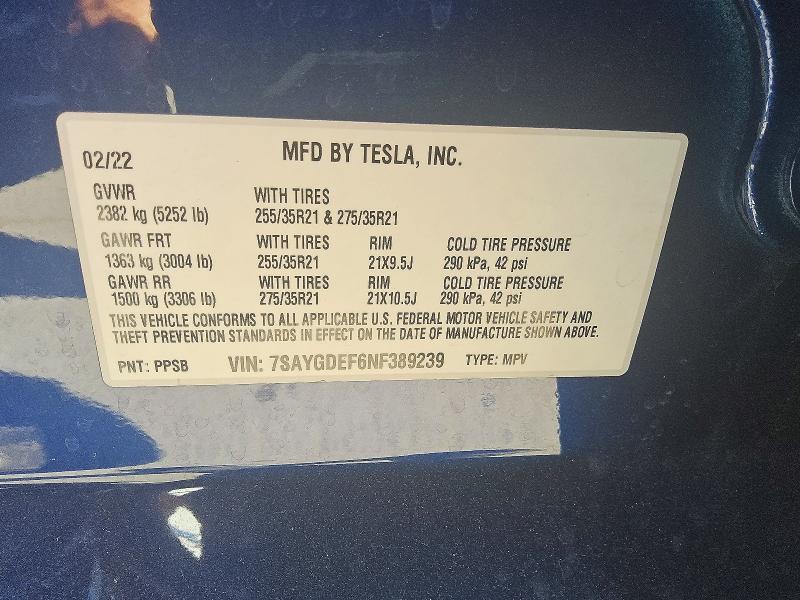2022 Tesla Model Y მანქანა იყიდება აუქციონზე, vin: 7SAYGDEF6NF389239, აუქციონის ნომერი: 60960586