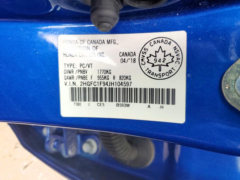 Продаж на аукціоні авто 2018 Honda Civic, vin: 2HGFC1F94JH104597, номер лоту: 59953366
