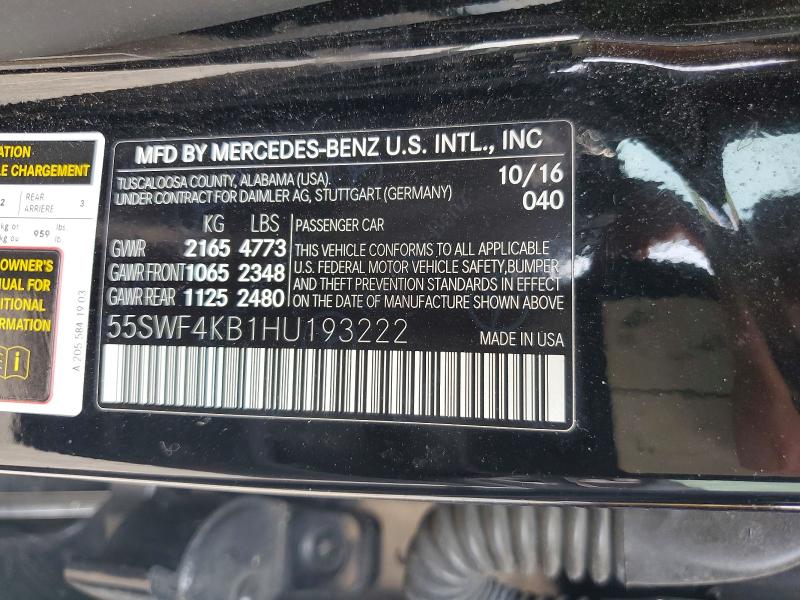 61733926 :رقم المزاد ، 55SWF4KB1HU193222 vin ، 2017 Mercedes-benz C مزاد بيع