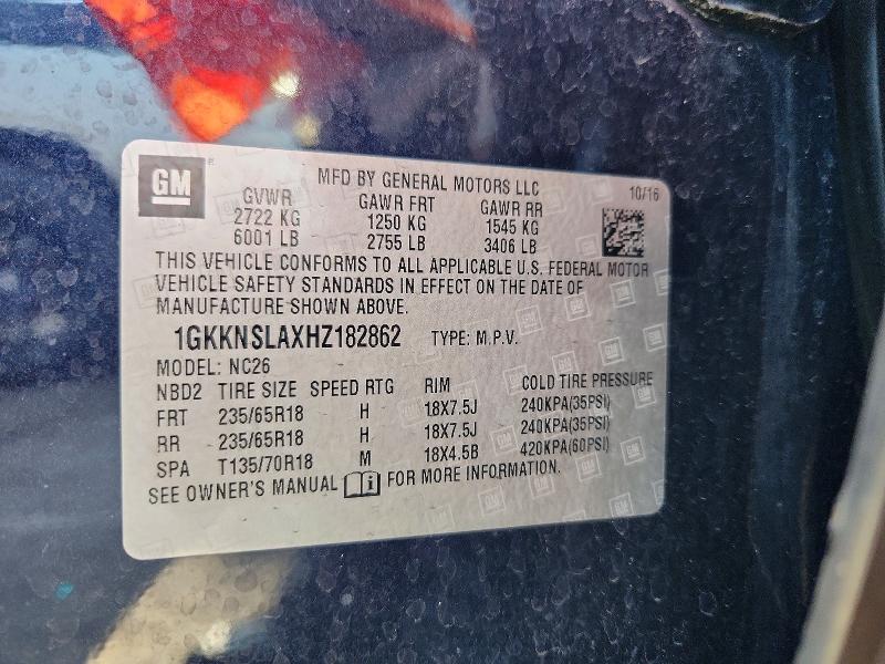 60804446 :رقم المزاد ، 1GKKNSLAXHZ182862 vin ، 2017 Gmc Acadia مزاد بيع