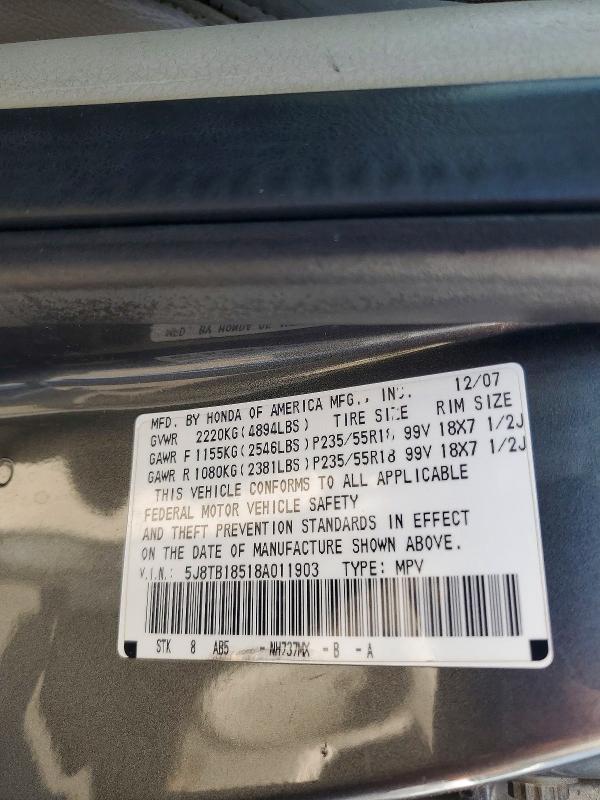 2008 Acura Rdx მანქანა იყიდება აუქციონზე, vin: 5J8TB18518A011903, აუქციონის ნომერი: 62874886