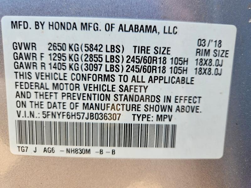 62609156 :رقم المزاد ، 5FNYF6H57JB036307 vin ، 2018 Honda Pilot مزاد بيع