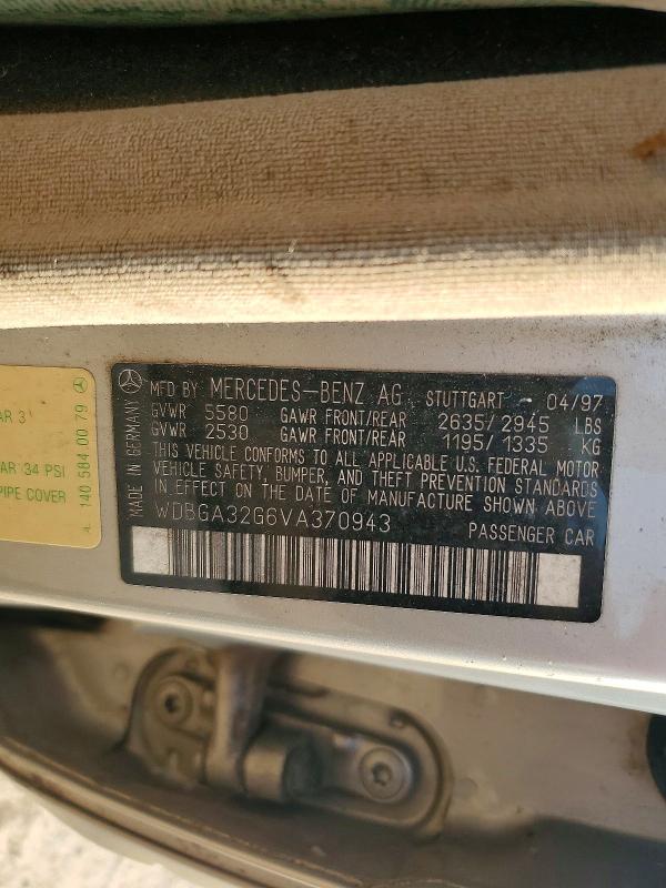 63170516 :رقم المزاد ، WDBGA32G6VA370943 vin ، 1997 Mercedes-benz S مزاد بيع