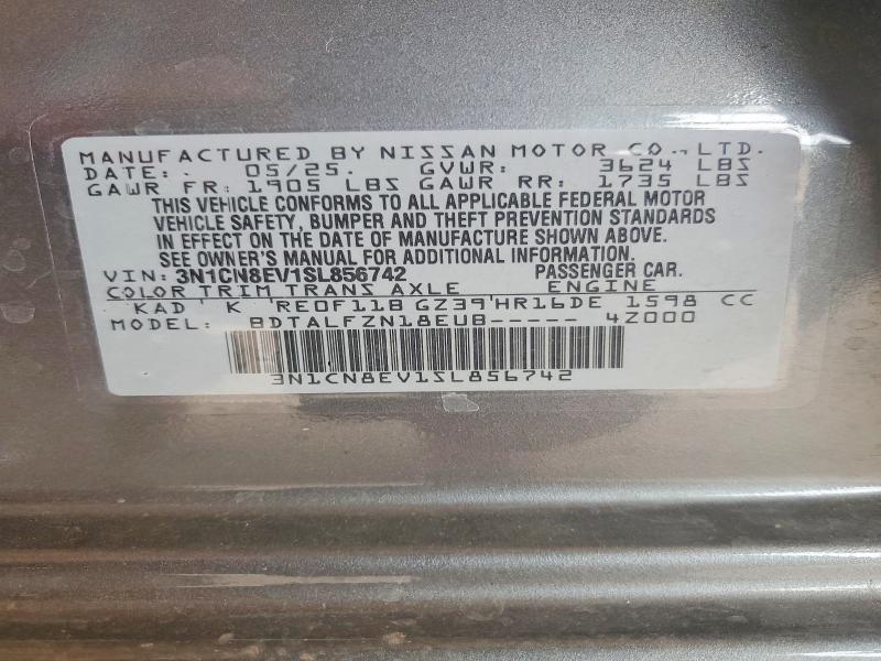 2025 Nissan Versa მანქანა იყიდება აუქციონზე, vin: 3N1CN8EV1SL856742, აუქციონის ნომერი: 61240436